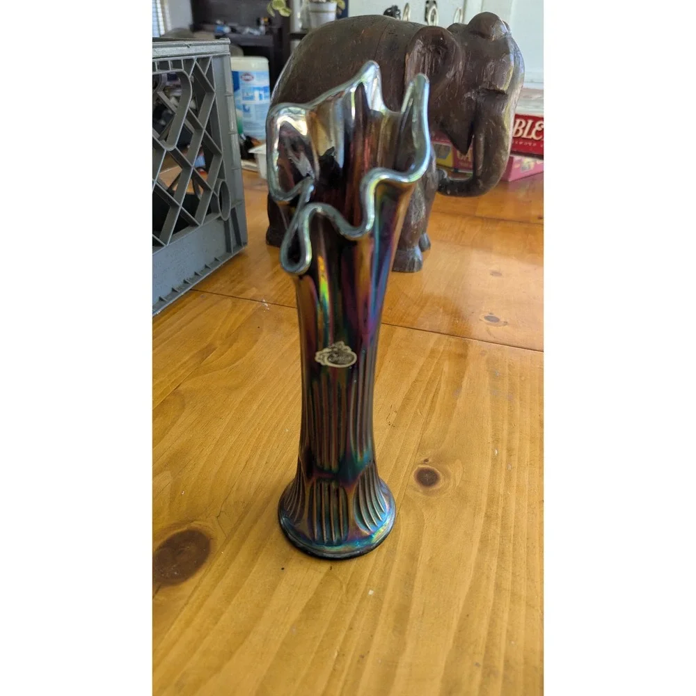 Fenton Amethyst Iridescent Carnival Glass Swung Bud Vase‎ Ruffled Rim 12 inch
